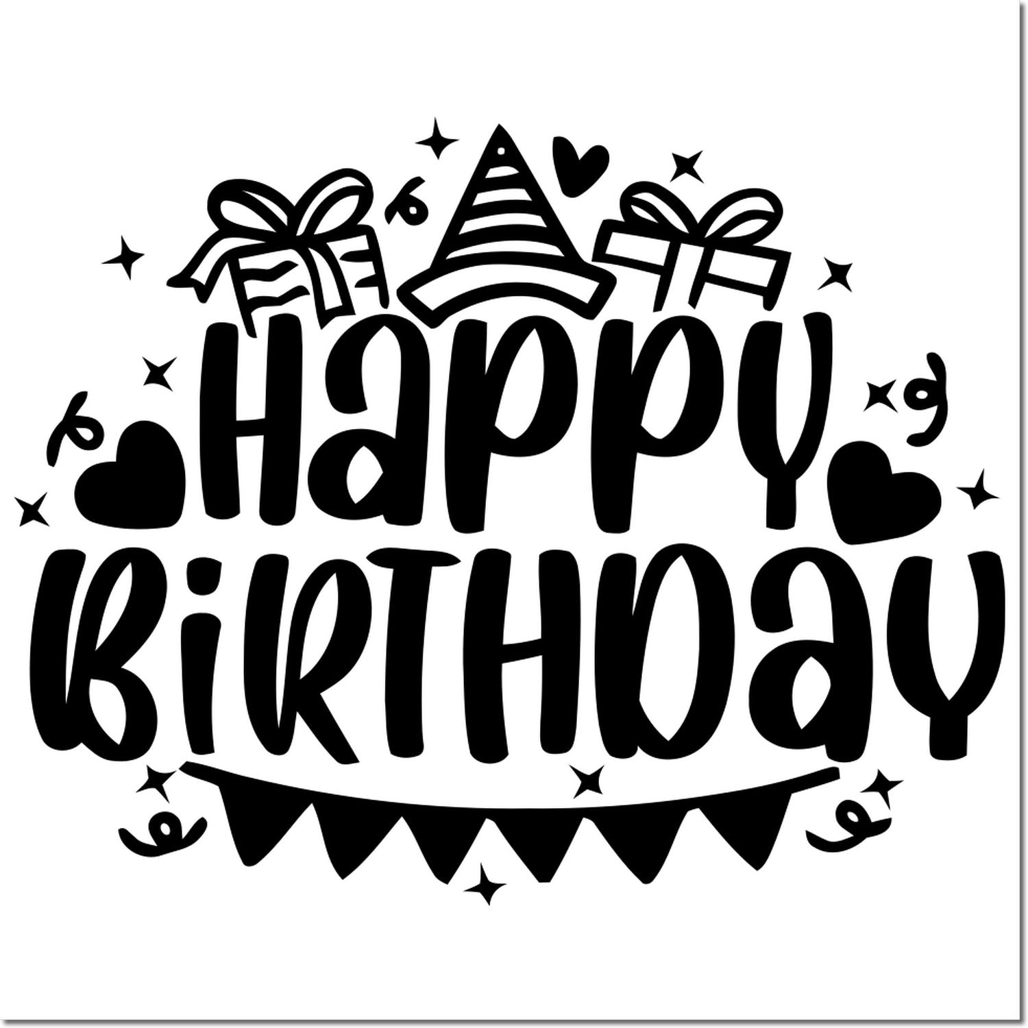 Happy Birthday rubber stamp design with party hat, gifts, hearts and bunting for birthday cards and scrapbooking