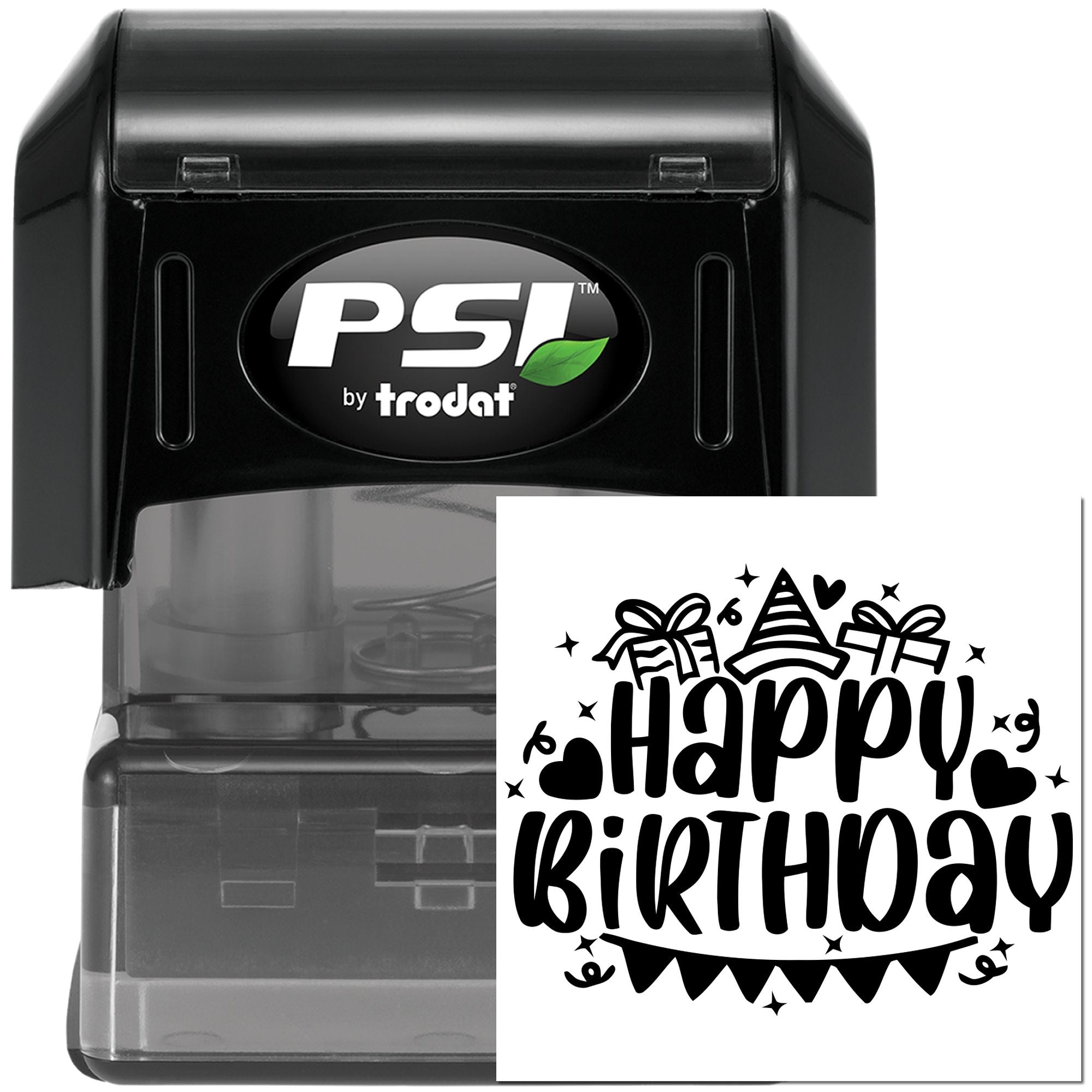 Self-inking custom Happy Birthday rubber stamp by PSI by Trodat for cards, invitations, and party gift packaging.