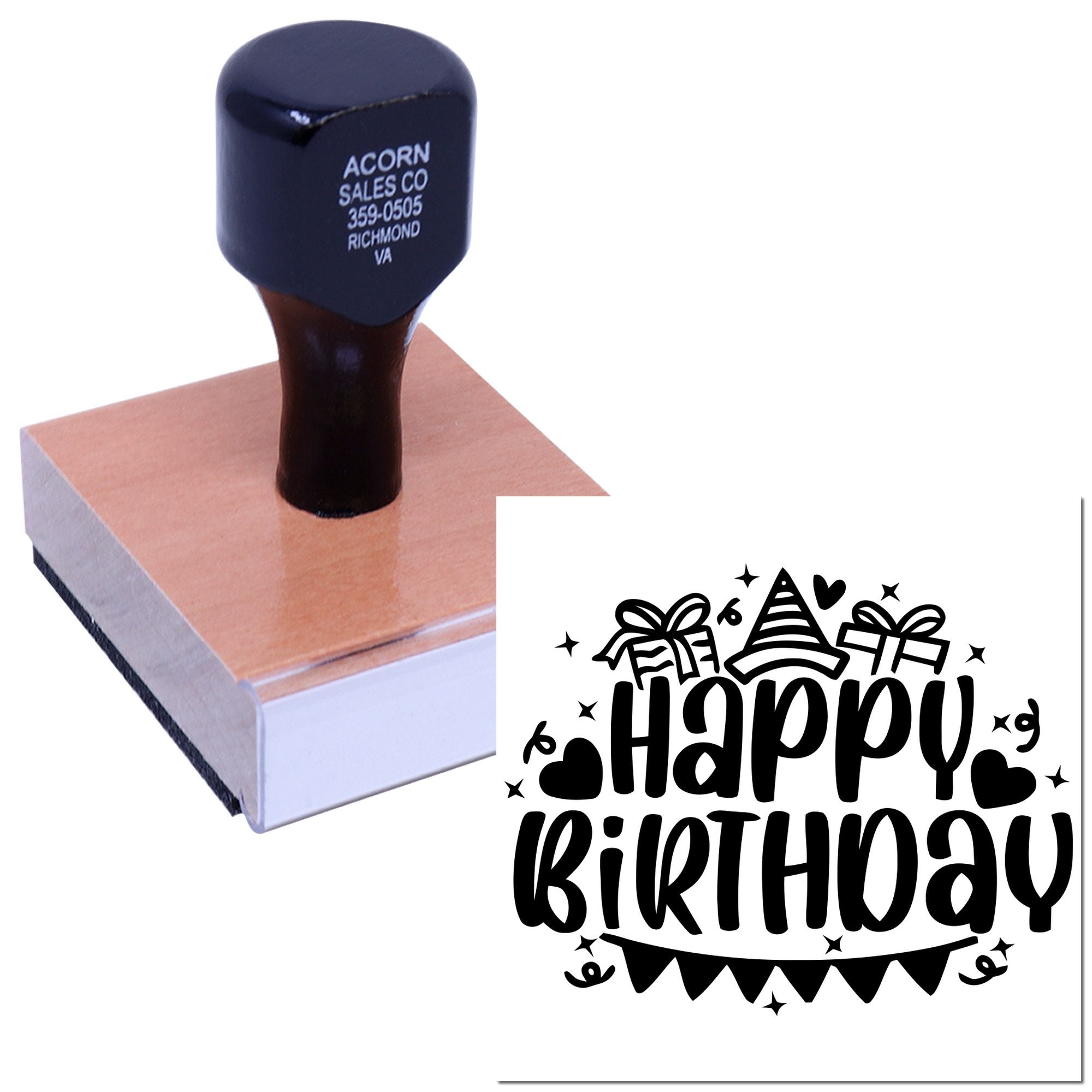 Custom Happy Birthday rubber stamp for cards, party invitations, and festive gift packaging.