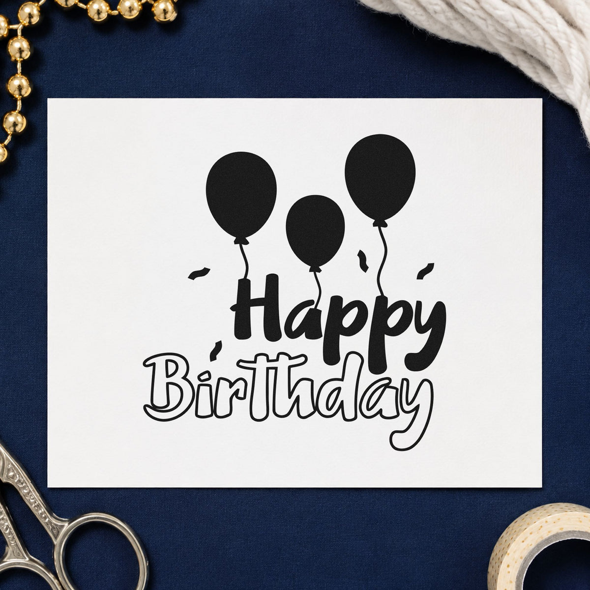 Birthday Three Solid Balloons craft stamp in black ink on cardstock, an easy option for triplet album page.