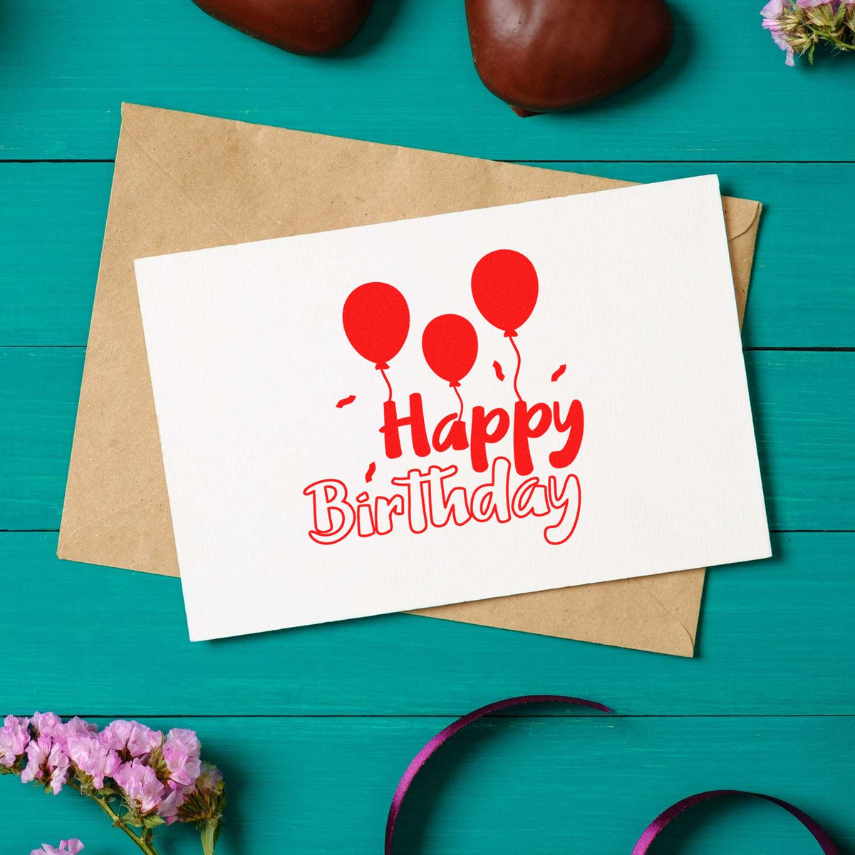Birthday Three Solid Balloons rubber stamp shown in red ink, stamped for projects such as triplet album page.