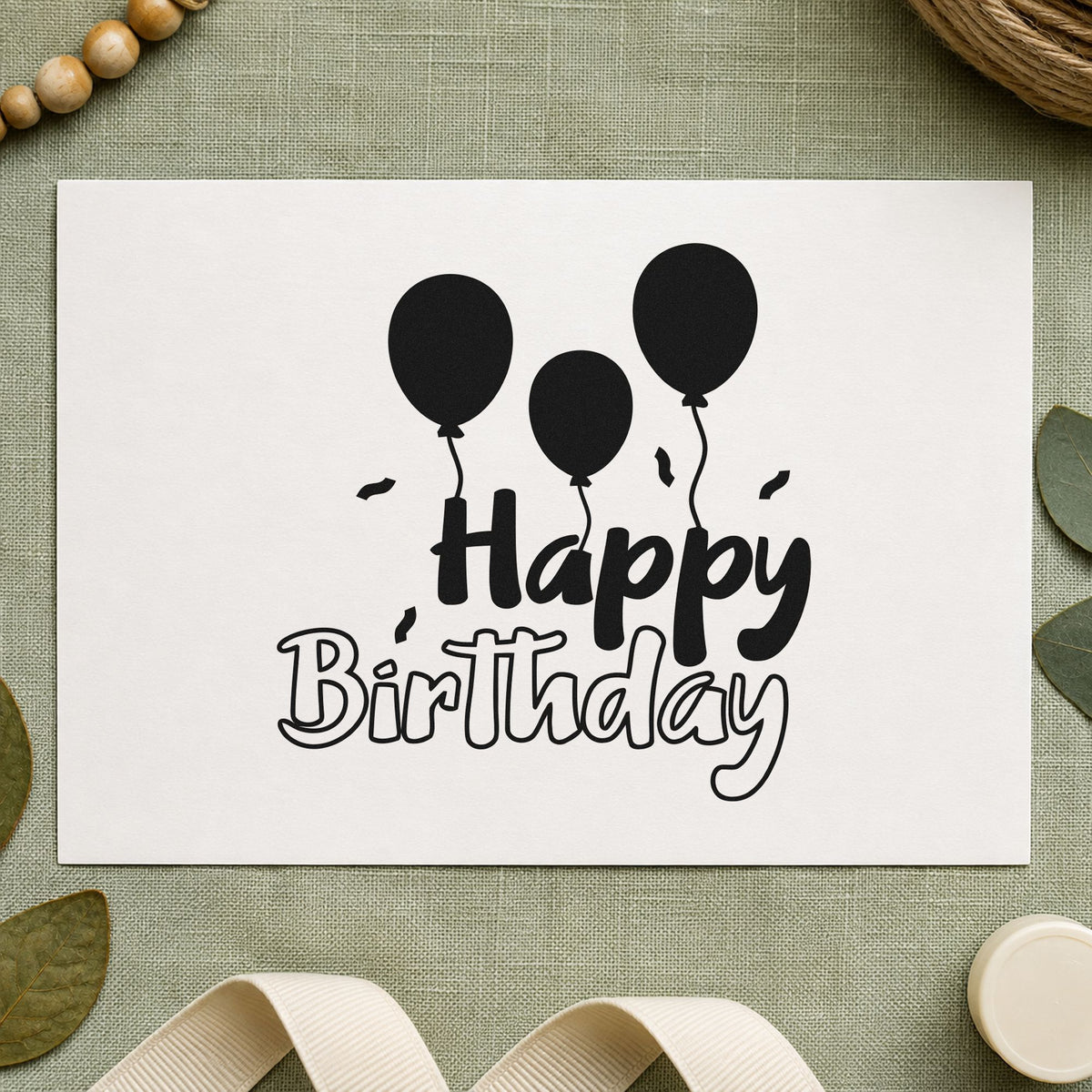 Birthday Three Solid Balloons rubber stamp printed in black ink, ready for party run sheet and similar paper crafts.