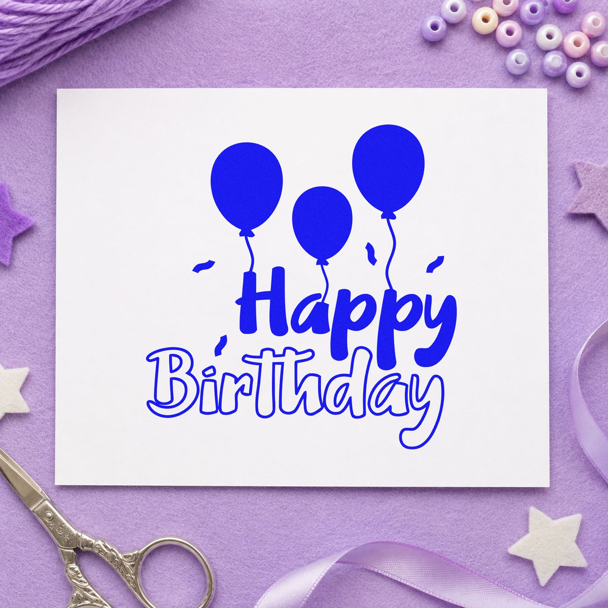Birthday Three Solid Balloons craft stamp in blue ink on cardstock, an easy option for table runner printing.