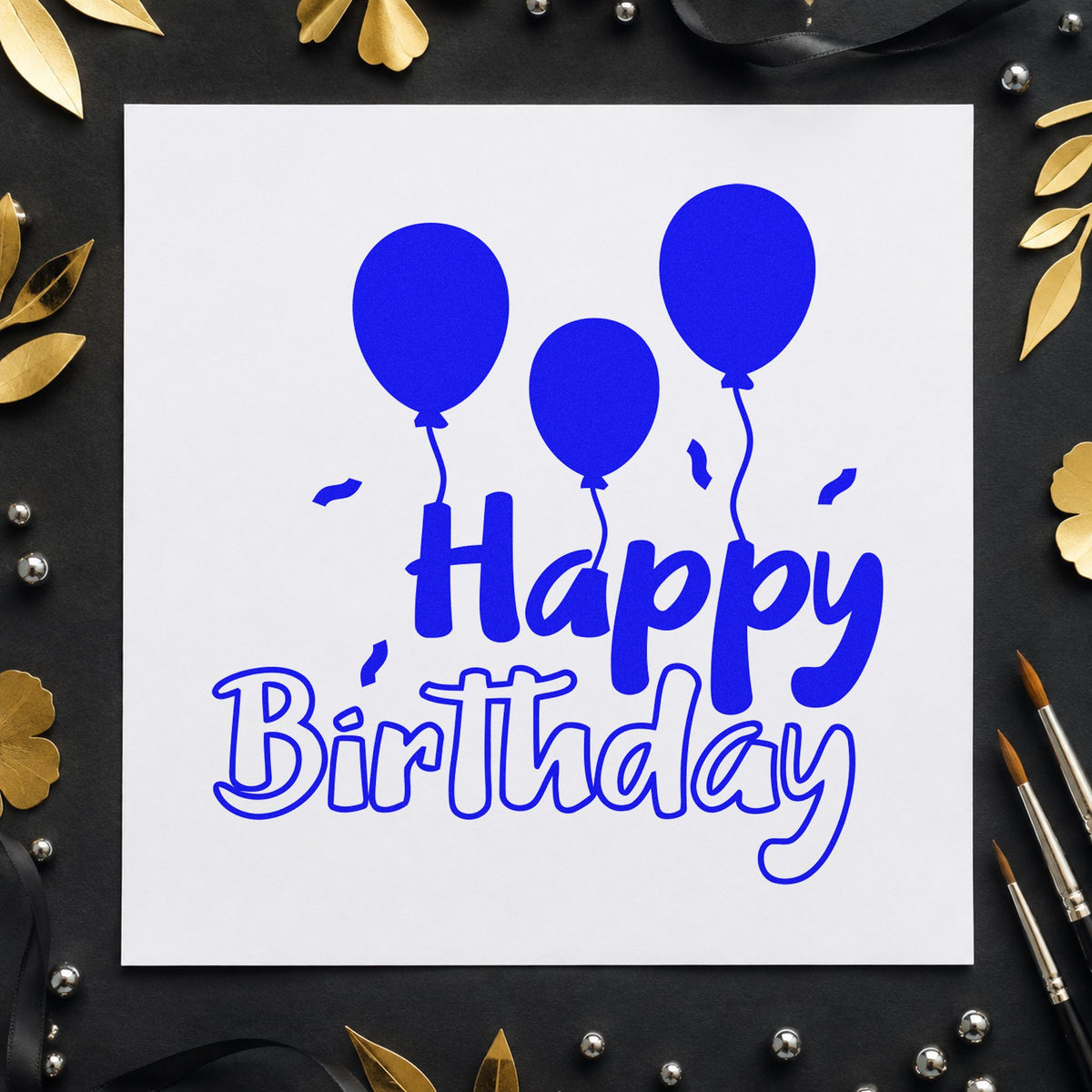 Birthday Three Solid Balloons craft stamp imprinted in blue ink on paper, a design suited to framed play room.