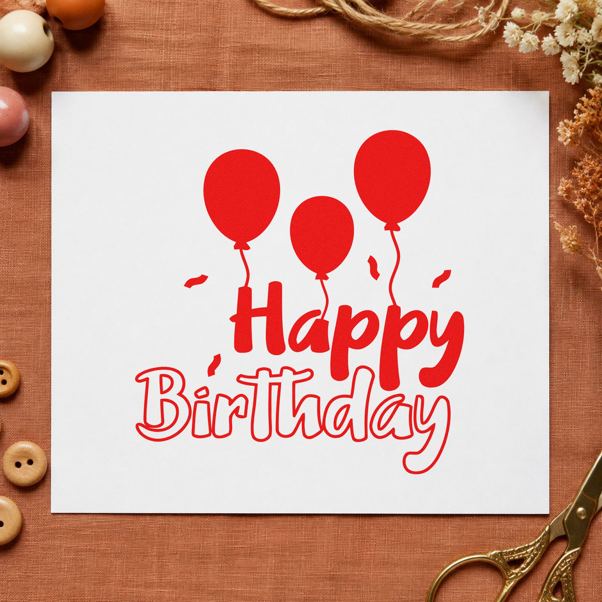 Birthday Three Solid Balloons craft stamp imprint in red ink on a handmade project, one idea being wish slip cards.