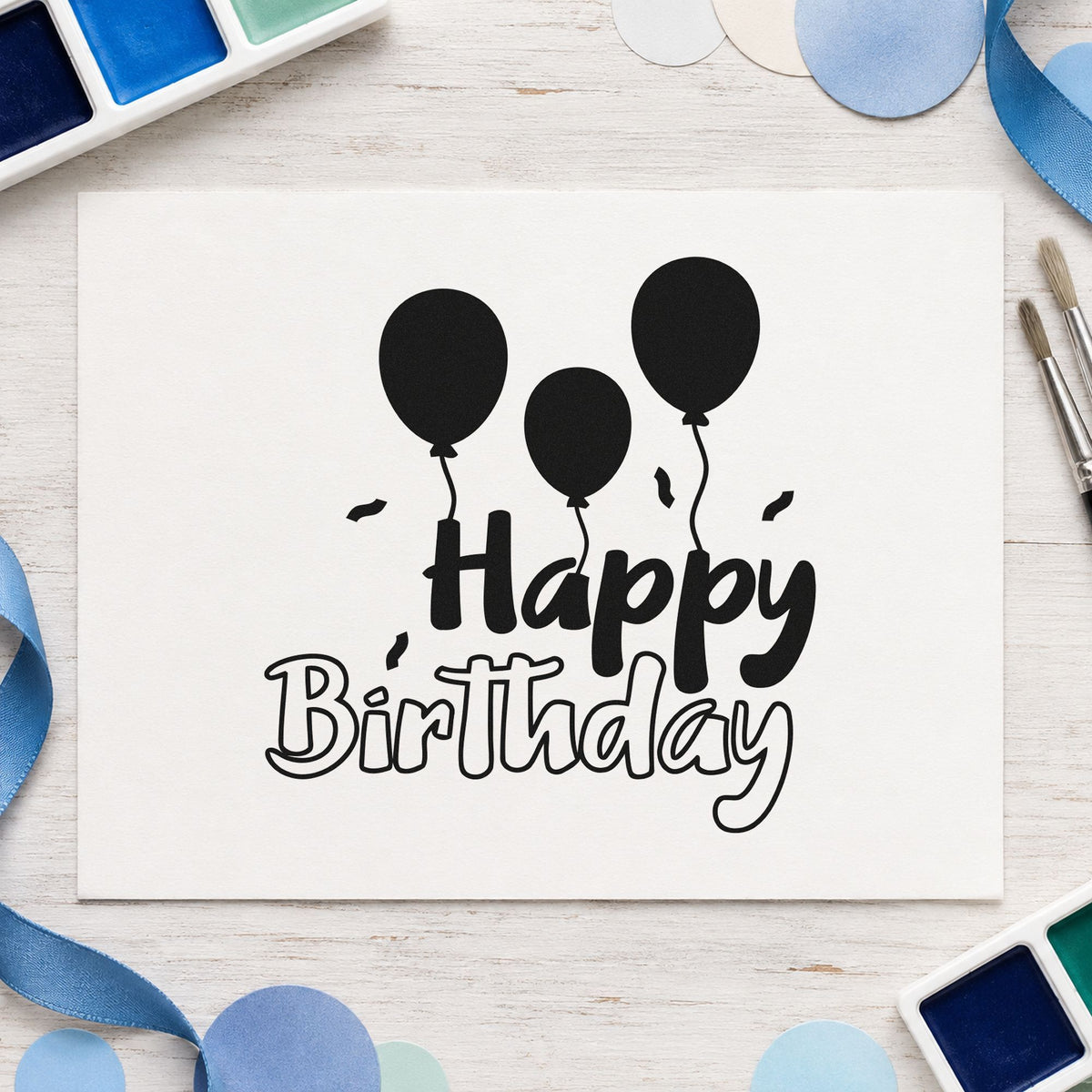 Birthday Three Solid Balloons rubber stamp printed in black ink, ready for three balloon cards and similar paper crafts.