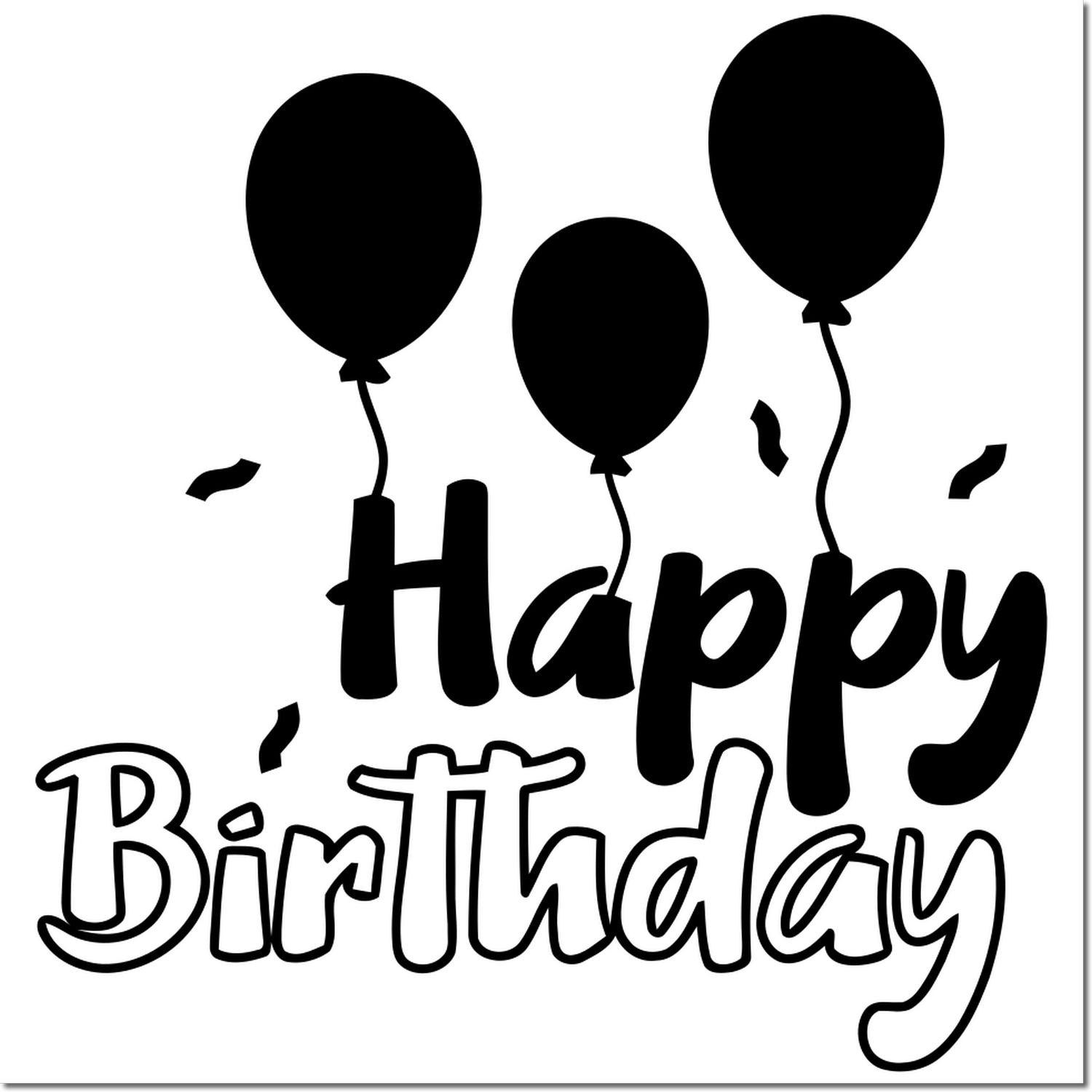 Happy Birthday rubber stamp with balloons and confetti for birthday cards, invitations, and party crafts.