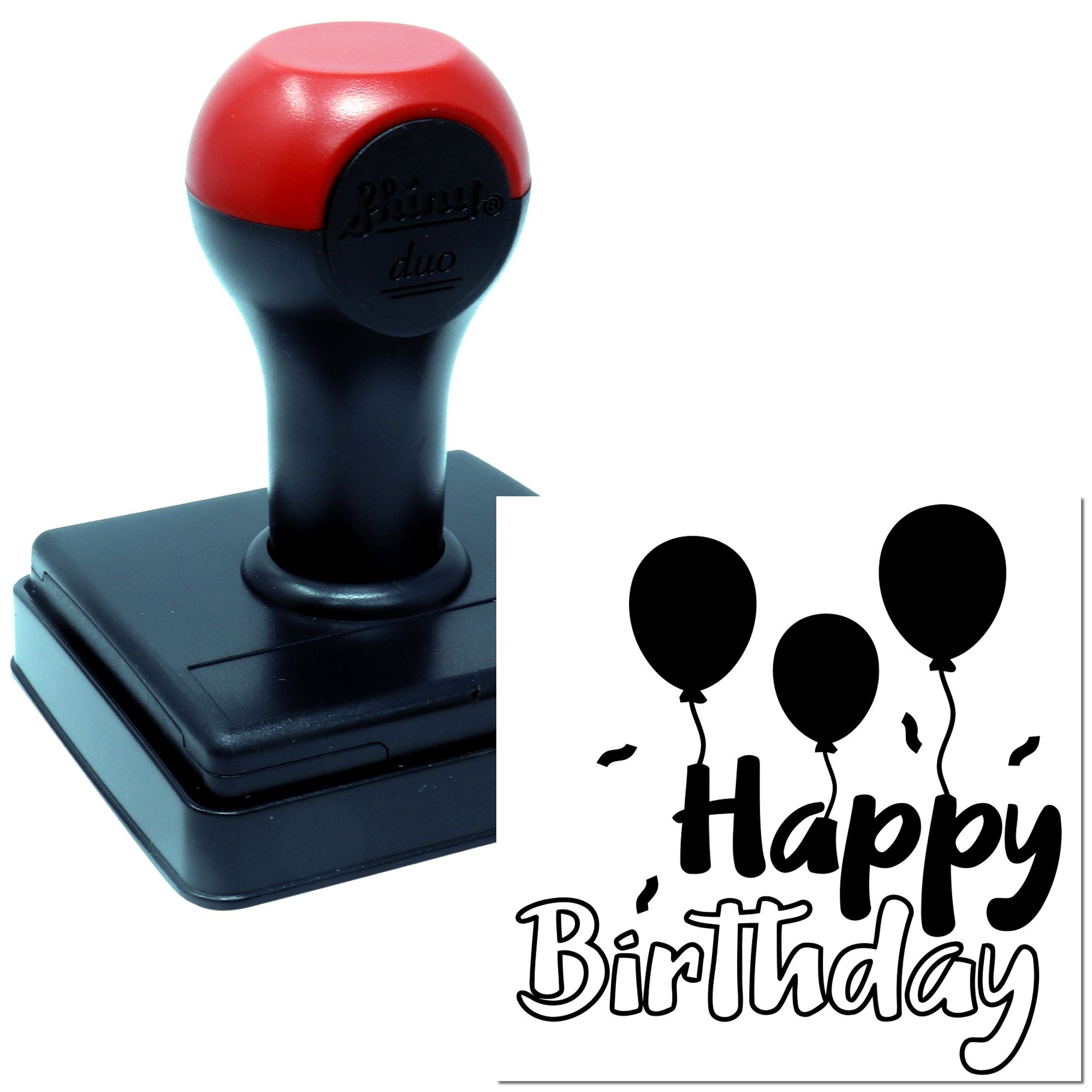 Happy Birthday rubber stamp with balloon design, ideal for custom cards, invitations, and party crafts.