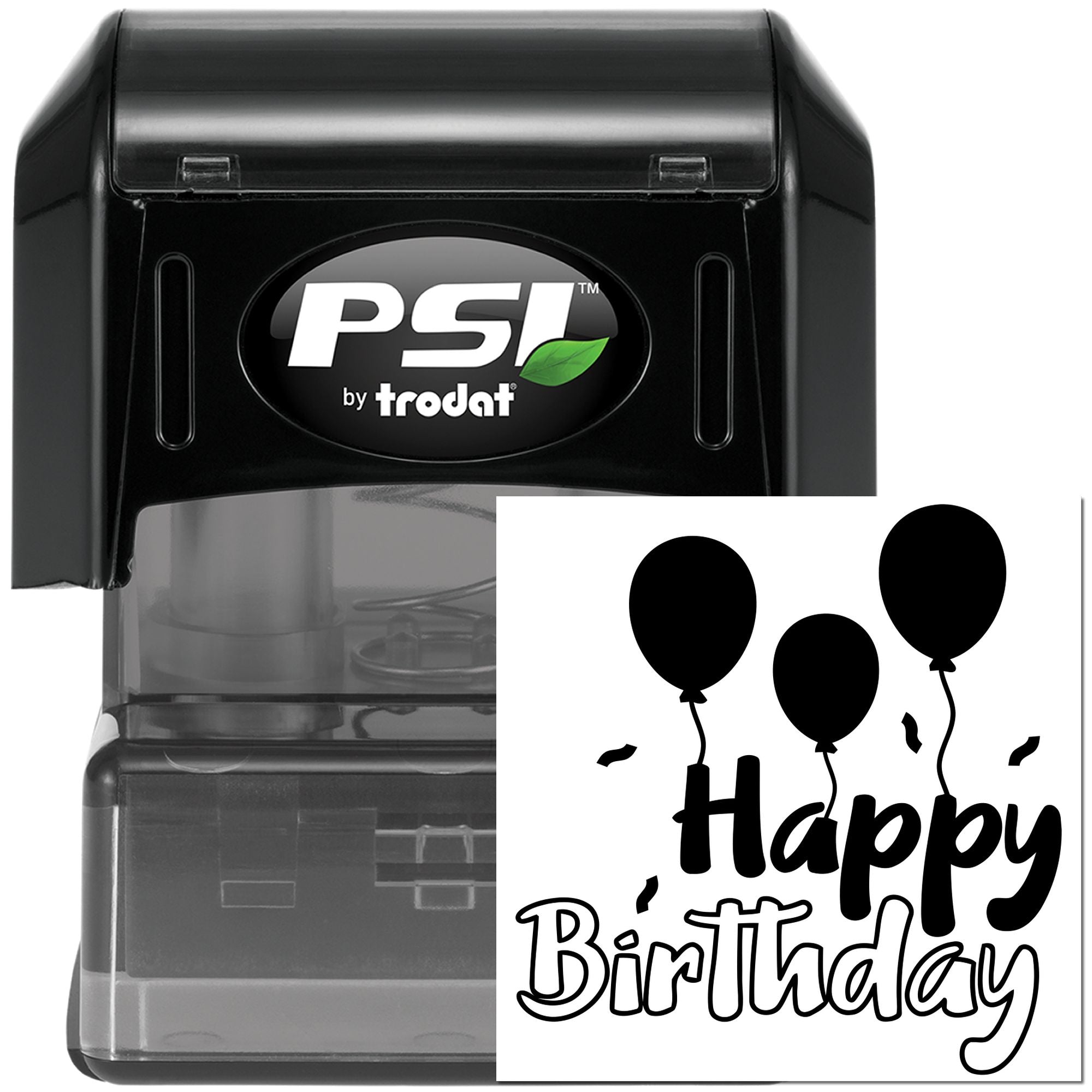 PSI by Trodat self-inking rubber stamp with Happy Birthday balloon design for custom birthday cards and party invites
