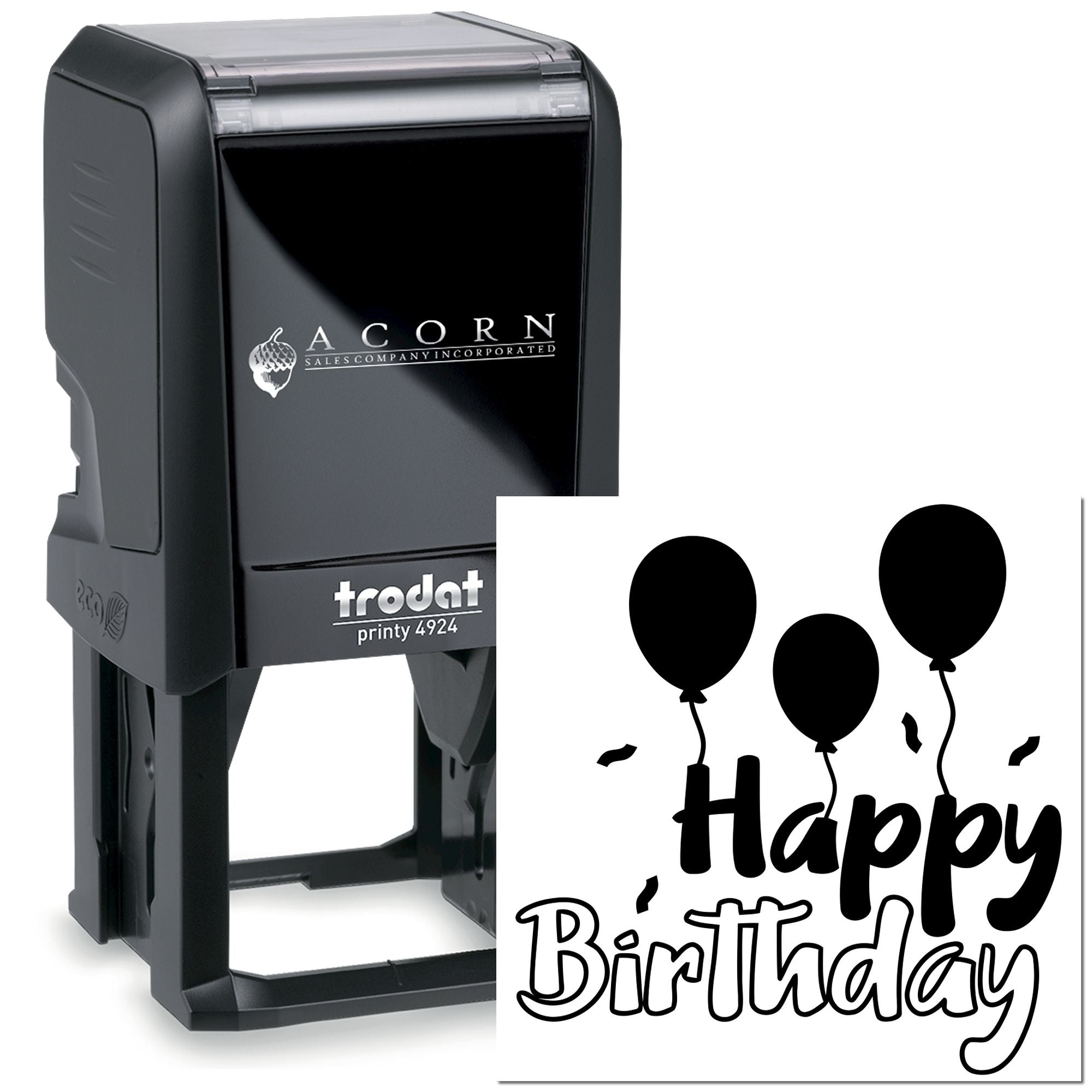 Custom self-inking birthday rubber stamp with balloons and Happy Birthday design for cards, invitations, and party favors.