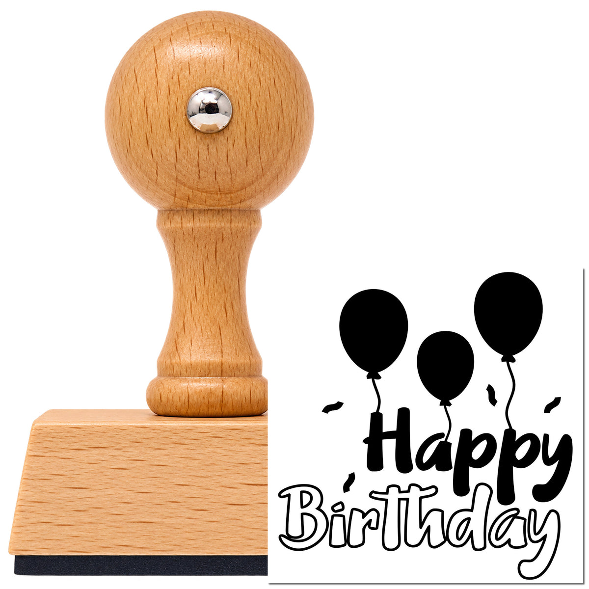 Birthday Three Solid Balloons Vintage Pro rubber stamp in European beech wood with a round knob handle, shown beside its black imprint.