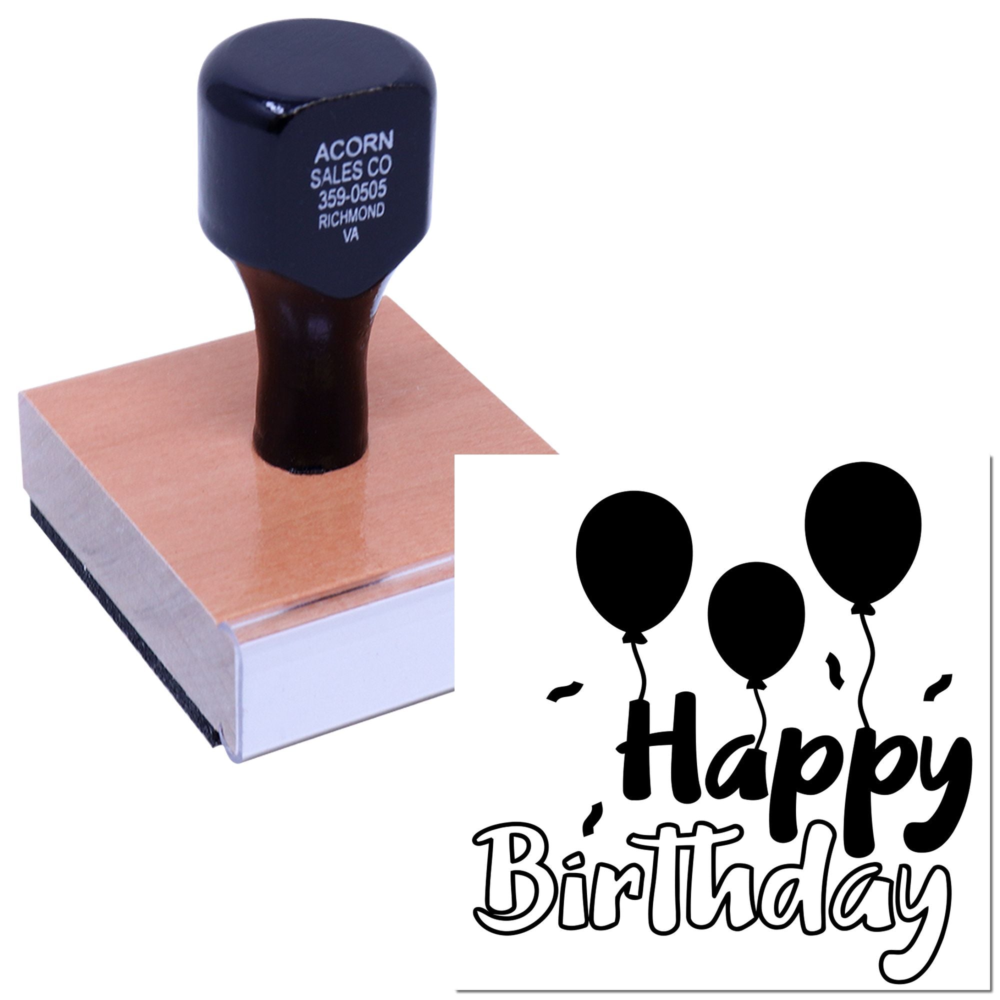 Custom Happy Birthday rubber stamp with balloon design for birthday cards, invitations, and party favors.