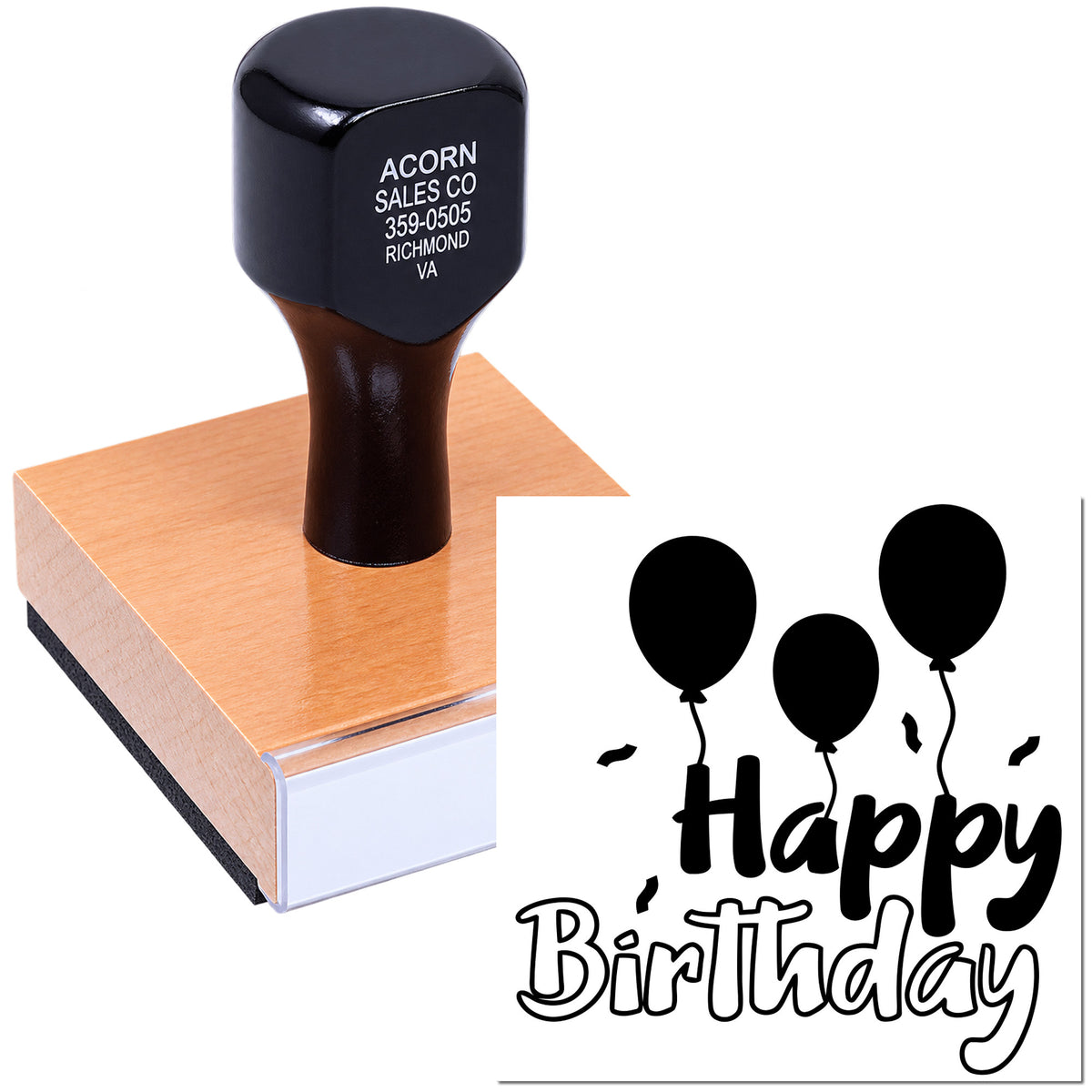 Custom Happy Birthday rubber stamp with balloon design for birthday cards, invitations, and party favors.