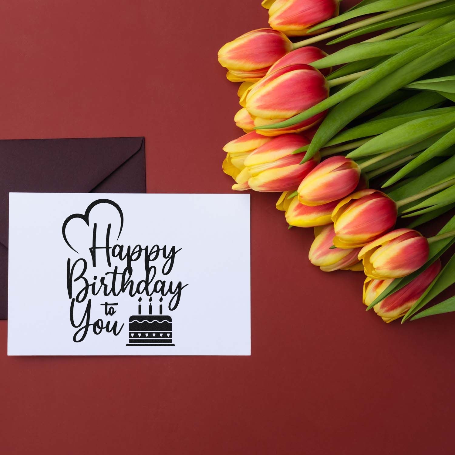 Happy Birthday to You rubber stamp design with tulips and cake icon for handmade birthday cards.