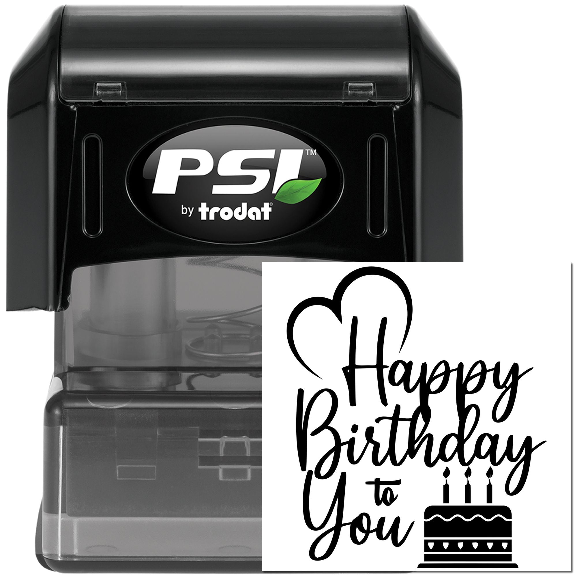PSI by Trodat self-inking custom rubber stamp with Happy Birthday to You design for cards, invitations, and party favors.