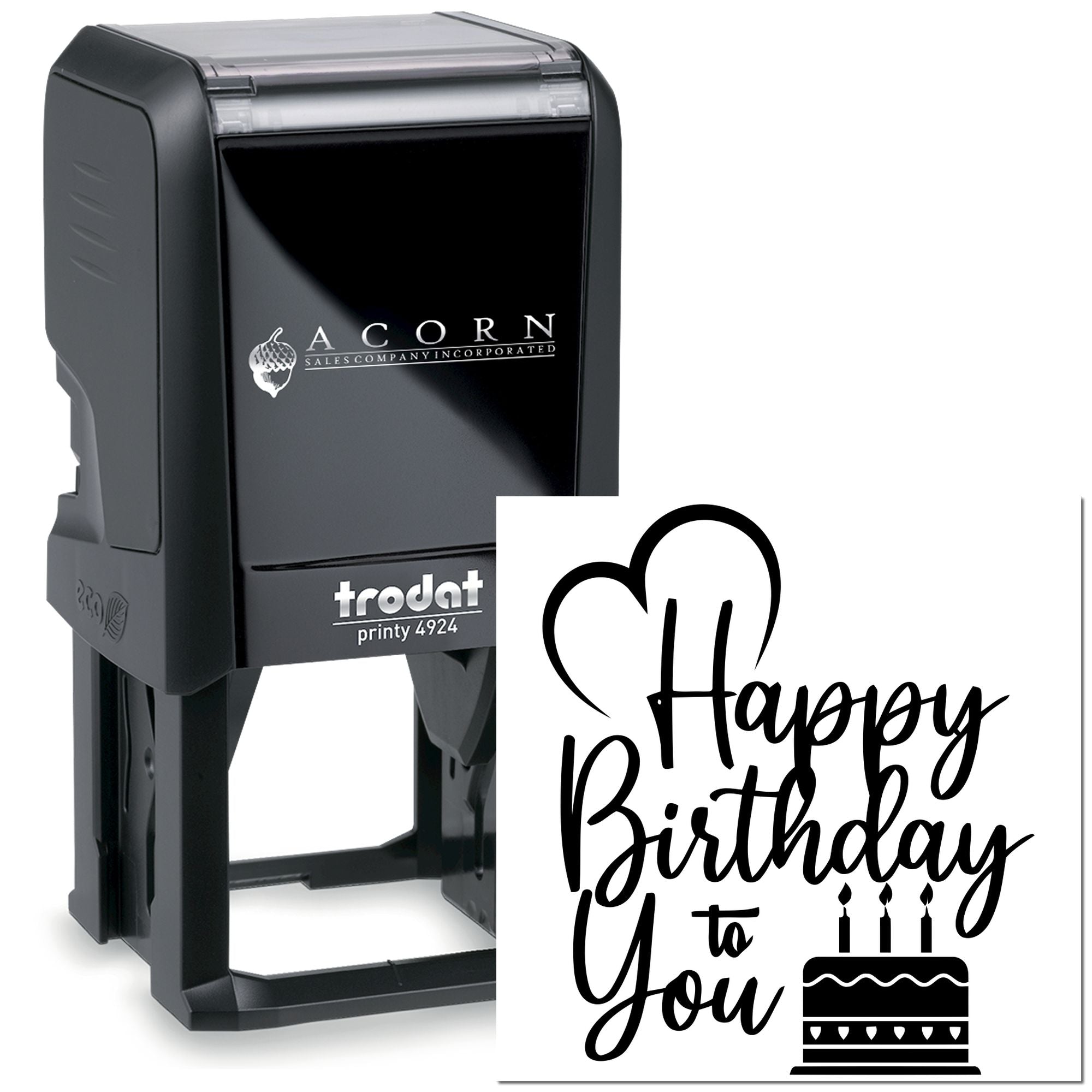Custom self-inking rubber stamp with Happy Birthday to You design and cake icon, Trodat Printy for cards.