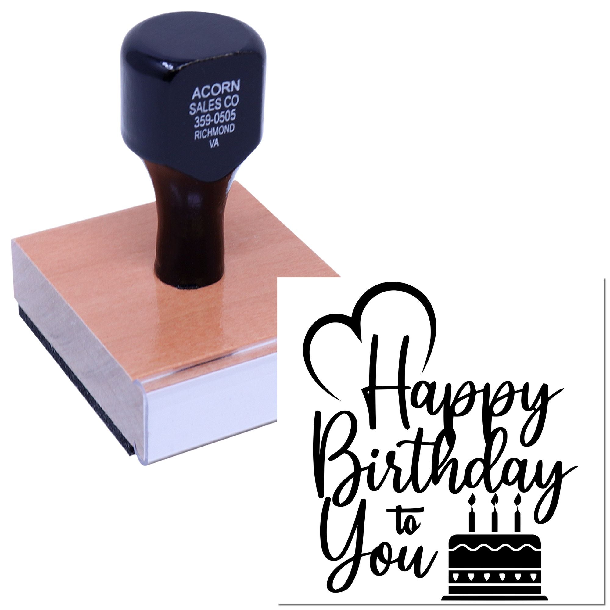 Happy Birthday to You rubber stamp with cake graphic, ideal for custom birthday cards, invitations, and party favors.