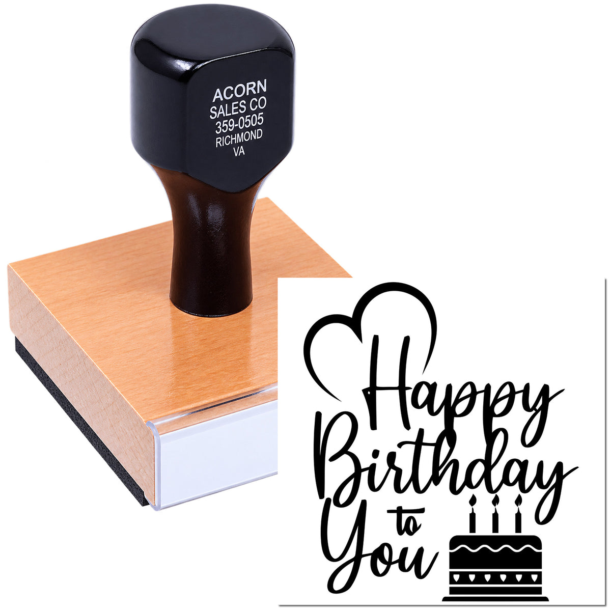 Happy Birthday to You rubber stamp with cake graphic, ideal for custom birthday cards, invitations, and party favors.