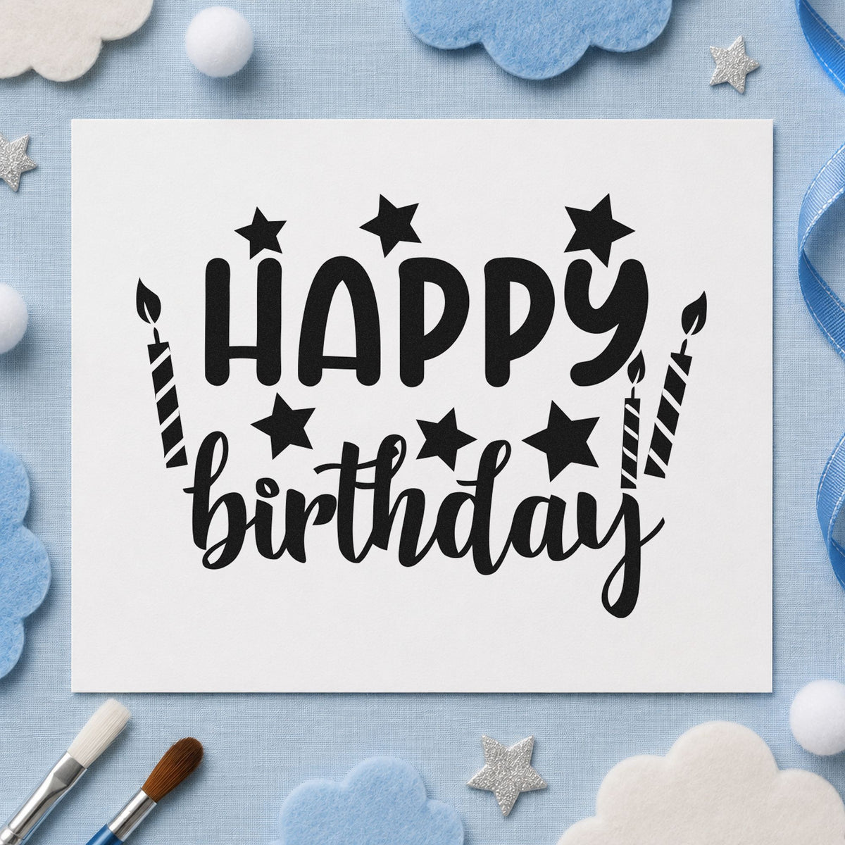 Birthday Stars And Candles rubber stamp printed in black ink, ready for striped candle cards and similar paper crafts.