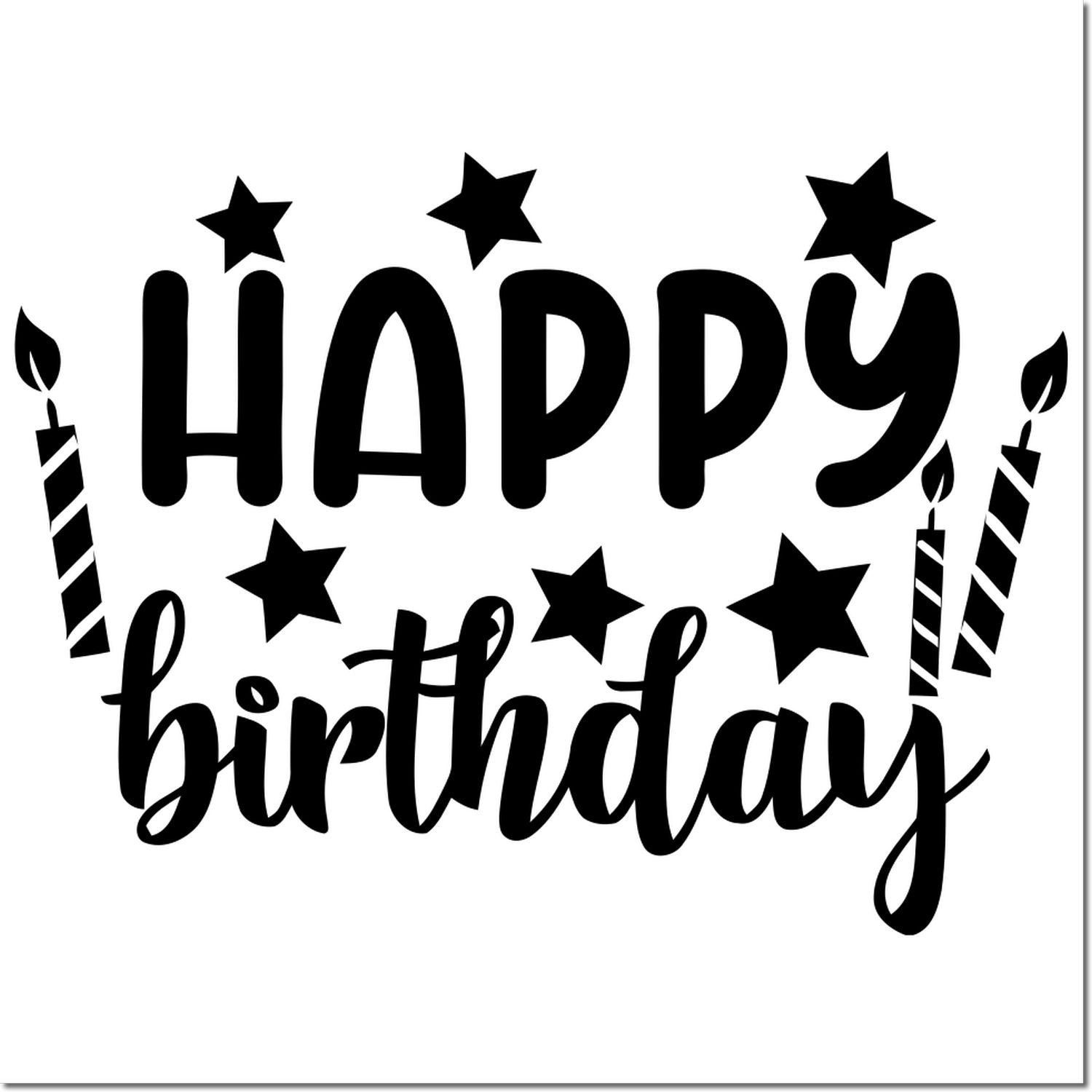 Happy birthday rubber stamp design with stars and birthday candles, ideal for greeting cards and party crafts.
