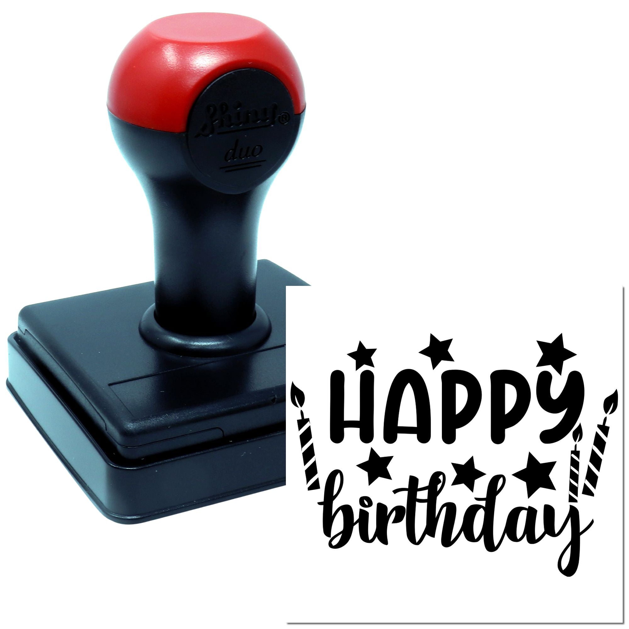 Self-inking Happy Birthday rubber stamp for personalized greeting cards, party favors, and birthday invitations.