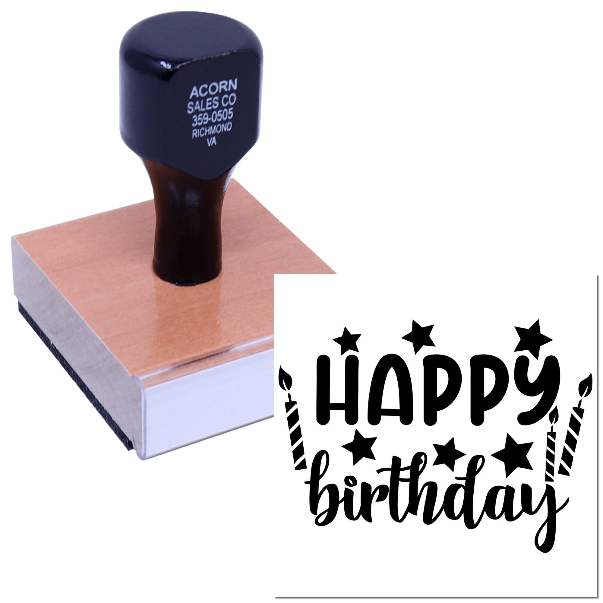Happy Birthday rubber stamp on wooden block for card making, party invitations, and handmade crafts.