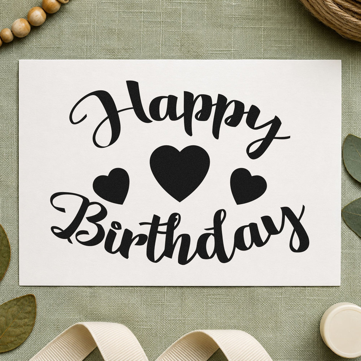Happy Birthday Three Hearts craft stamp in black ink on cardstock, an easy option for generation album page.