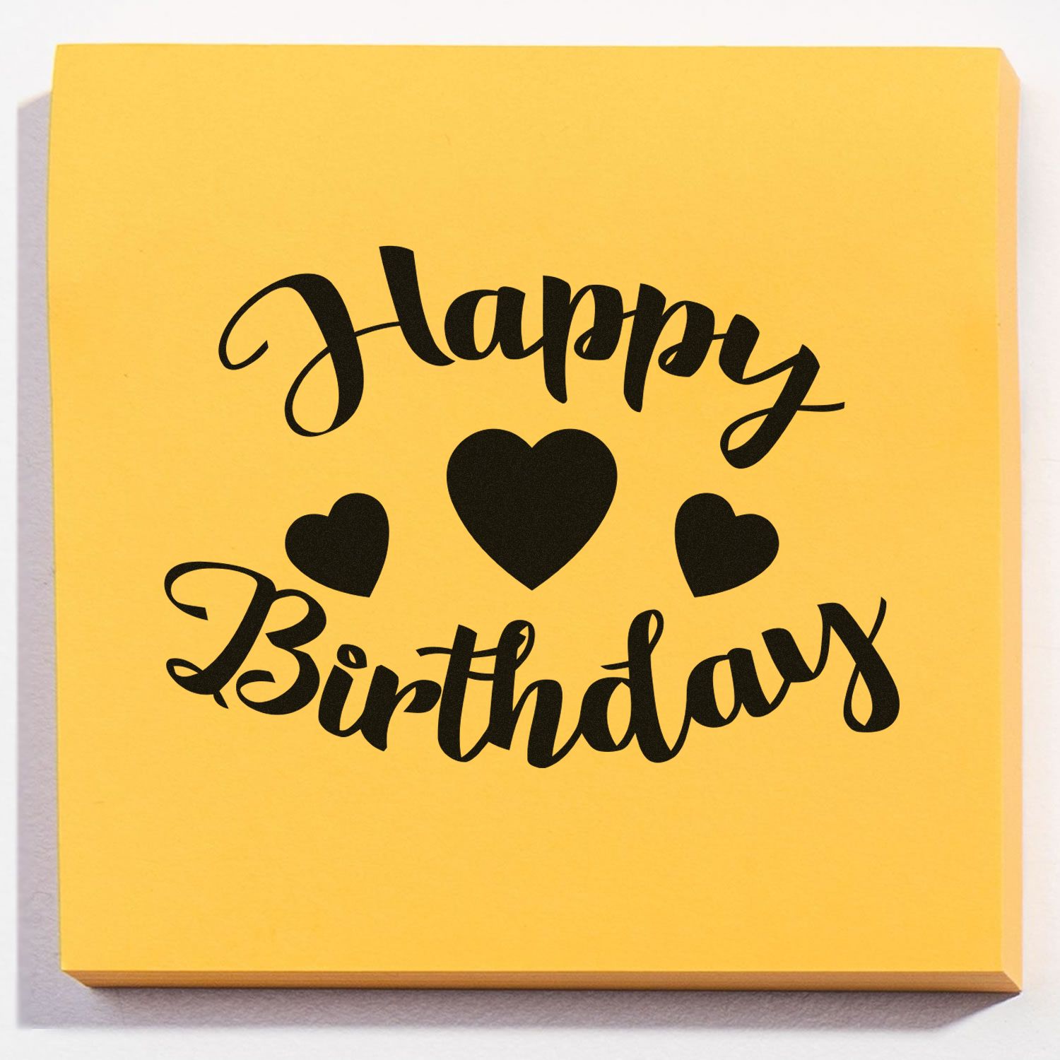 Happy Birthdays rubber stamp design with heart accents for birthday cards, handmade crafts, and custom stationery.