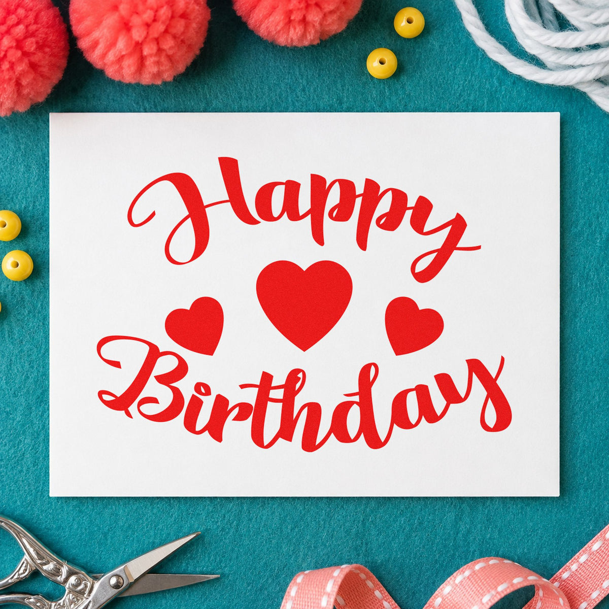 Happy Birthday Three Hearts rubber stamp shown in red ink, stamped for projects such as box household labels.