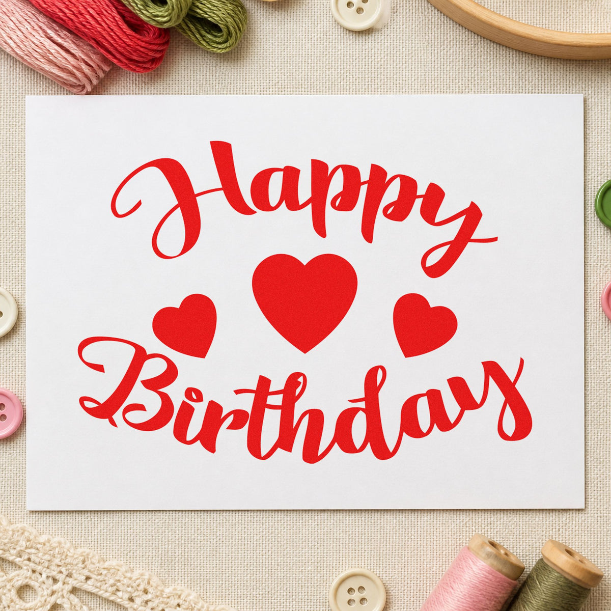 Happy Birthday Three Hearts craft stamp imprint in red ink on a handmade project, one idea being order form cards.