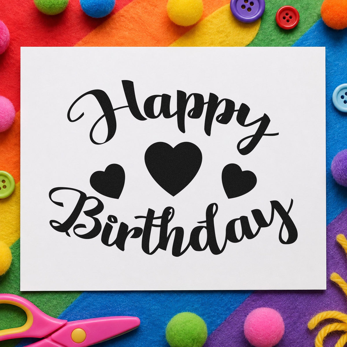 Happy Birthday Three Hearts rubber stamp printed in black ink, ready for curved heart cards and similar paper crafts.