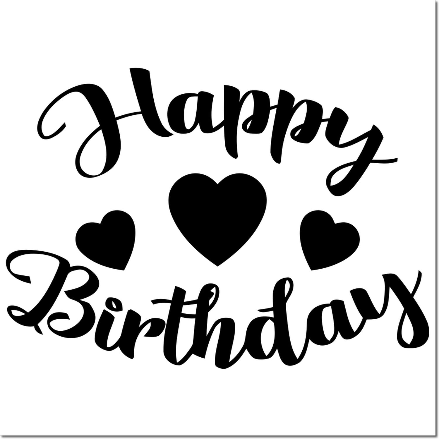 Happy Birthday rubber stamp design with hearts, perfect for handmade cards, invitations, and birthday crafts.