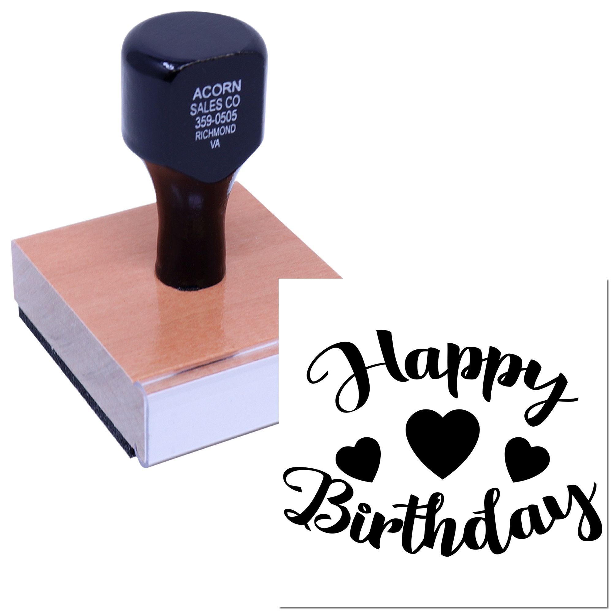 Custom rubber stamp with Happy Birthday and hearts, perfect for birthday cards, gift wrap, and handmade crafts.
