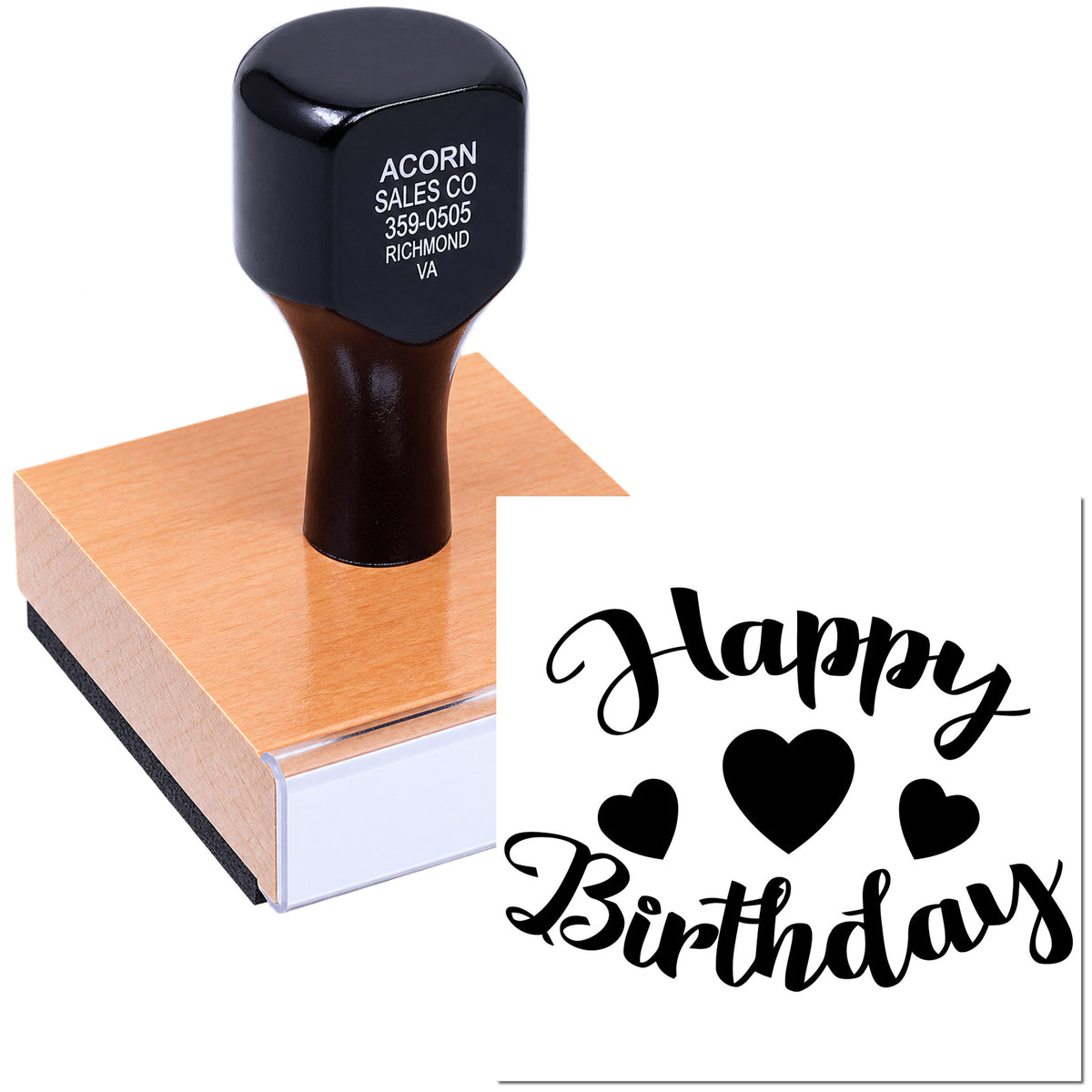 Custom rubber stamp with Happy Birthday and hearts, perfect for birthday cards, gift wrap, and handmade crafts.