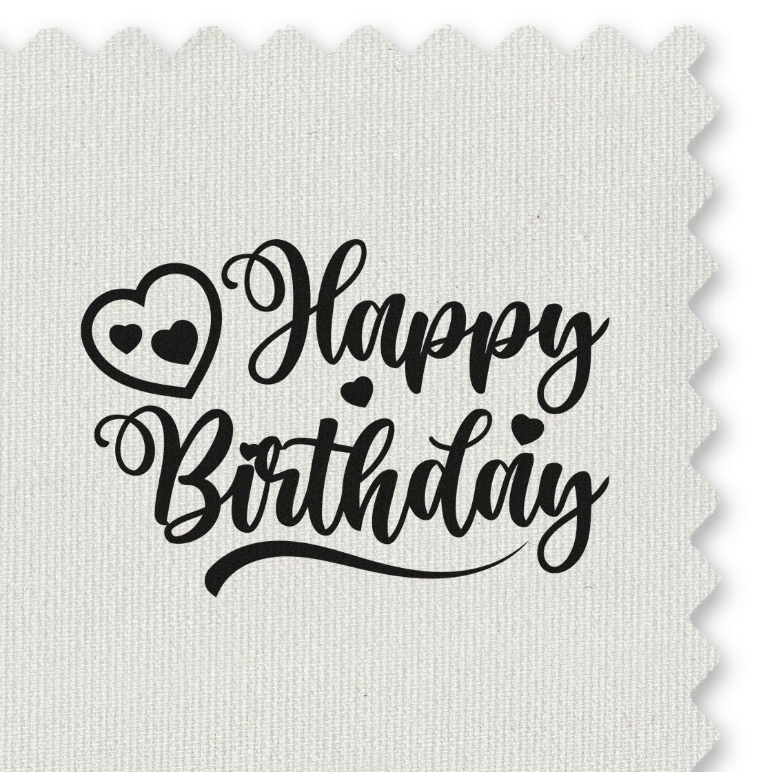 Happy Birthday Curled Heart Script Premium Wooden Stamp - Vintage Pro imprint stamped in black ink. Happy Birthday appears in decorative script beside an outlined curled heart containing two small hearts, with additional solid hearts around the lettering.