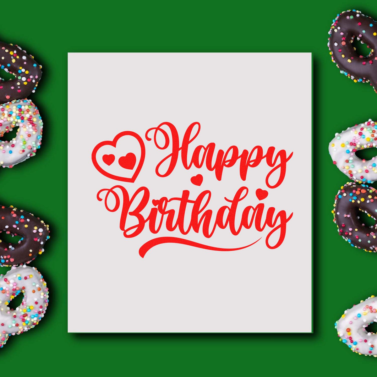 Happy Birthday Heart Swirl rubber stamp shown in red ink, stamped for projects such as caregiver album page.