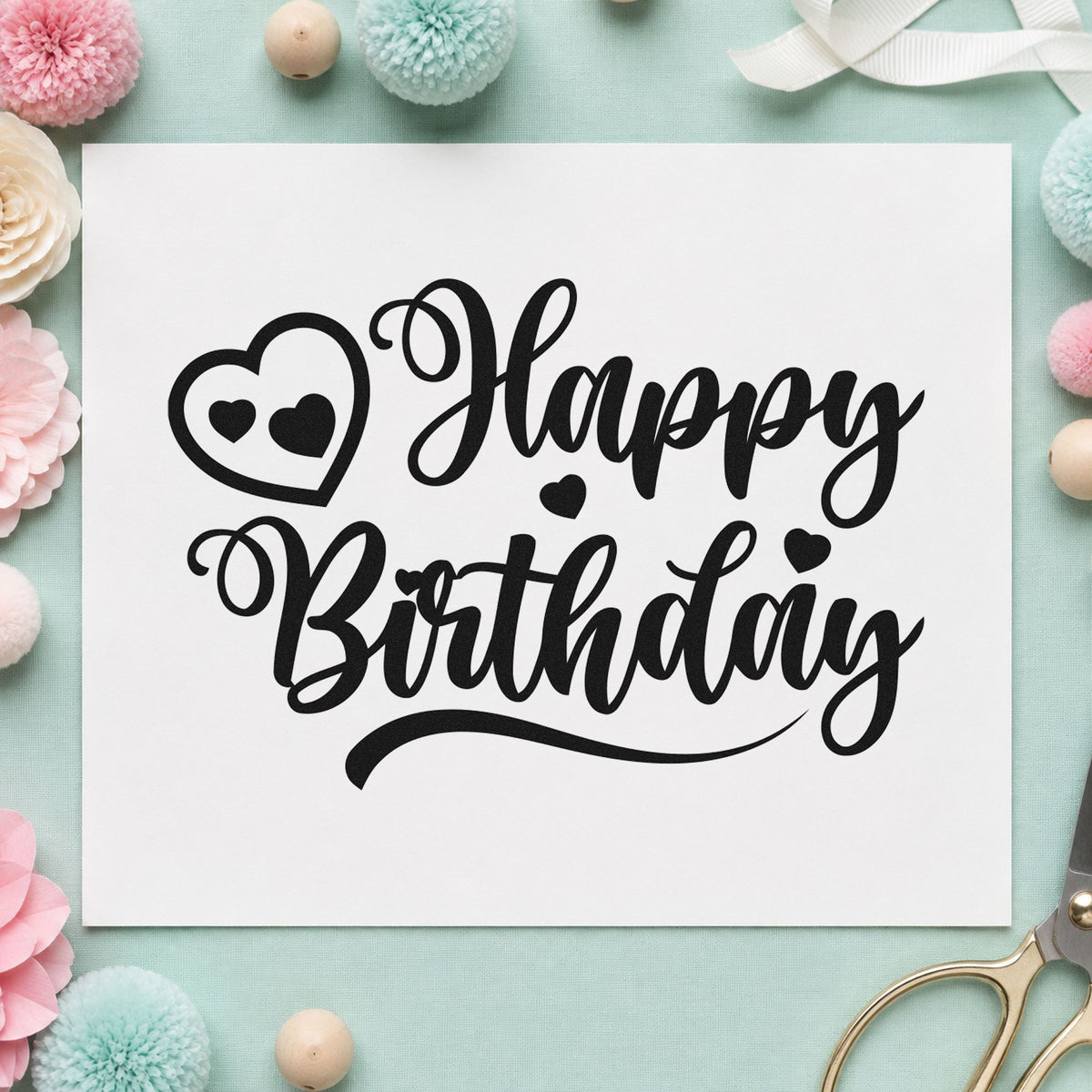 Happy Birthday Heart Swirl rubber stamp printed in black ink, ready for respite plan sheet and similar paper crafts.