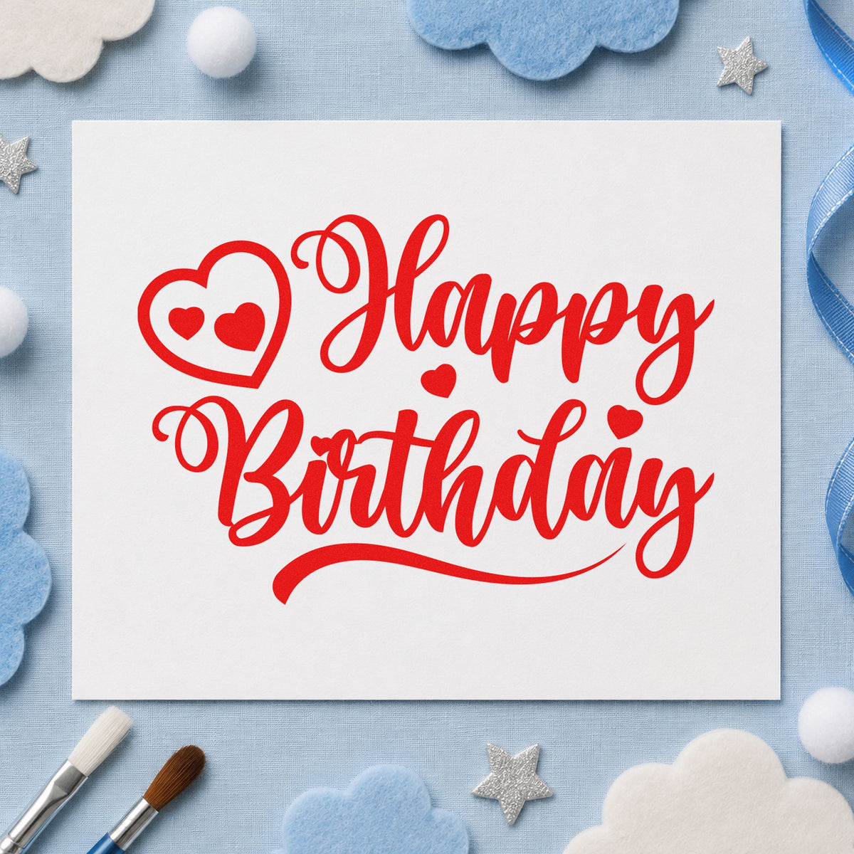 Happy Birthday Heart Swirl rubber stamp shown in red ink, stamped for projects such as cabinet supply labels.
