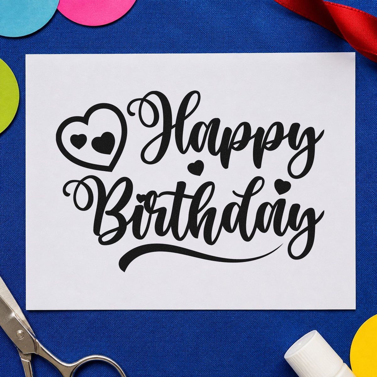 Happy Birthday Heart Swirl rubber stamp printed in black ink, ready for curled heart cards and similar paper crafts.
