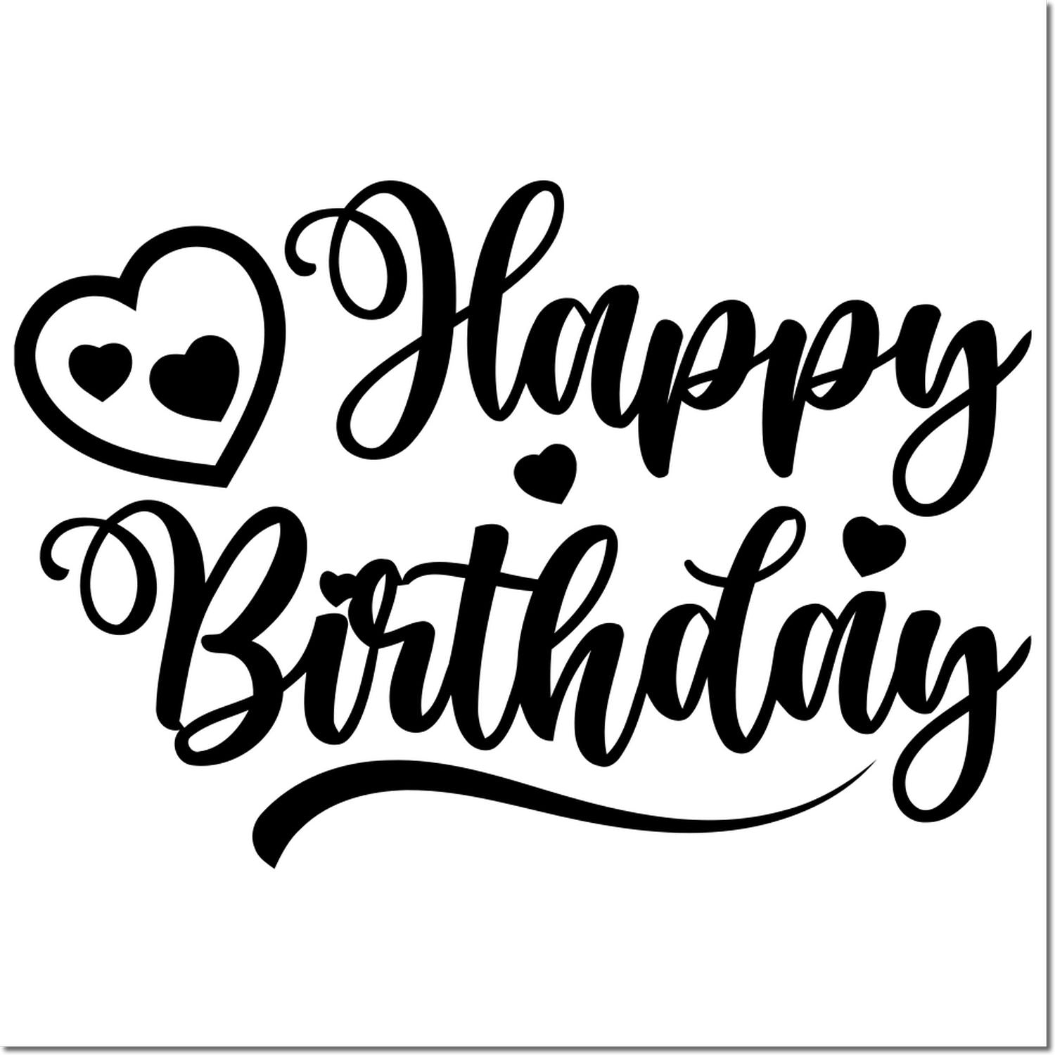 Happy Birthday rubber stamp design with heart accents, ideal for greeting cards, scrapbooking, and birthday crafts.