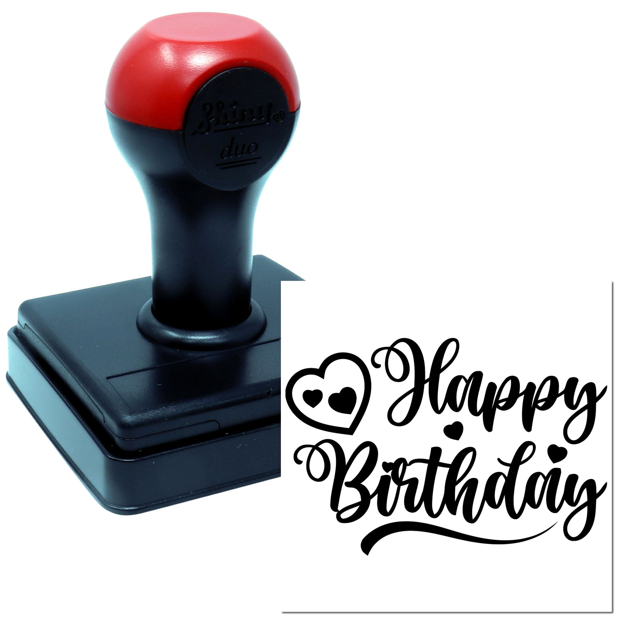 Self-inking rubber stamp with Happy Birthday script and hearts for greeting cards, scrapbooking, and gift packaging.