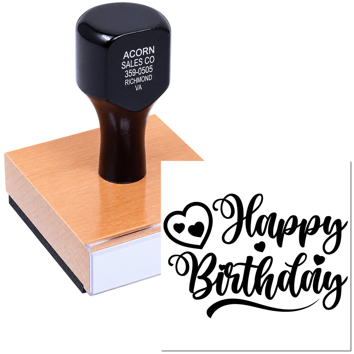 Happy birthday rubber stamp with heart design, mounted on wooden block for custom cards, invitations, and gift tags.