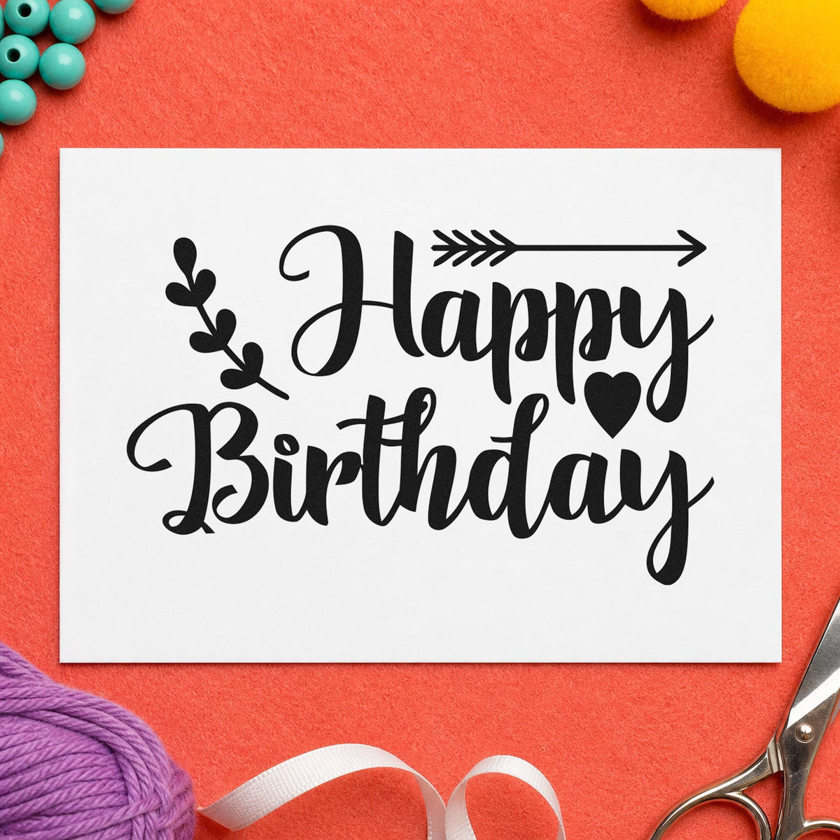 Birthday Arrow Leaf Hearts craft stamp in black ink on cardstock, an easy option for hike day album page.