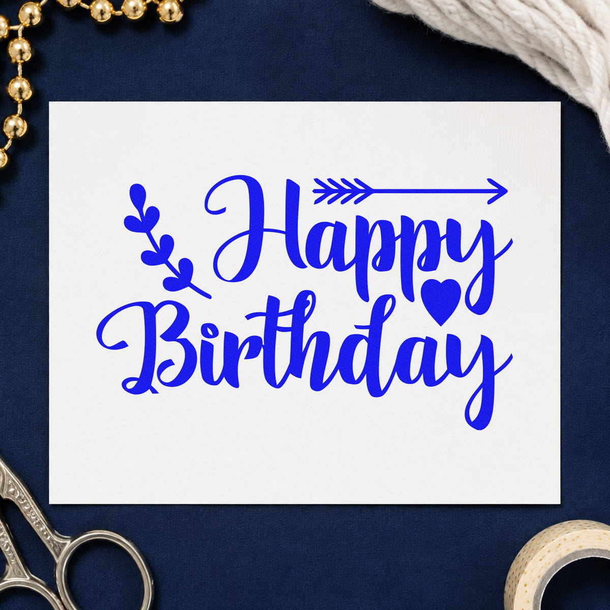 Birthday Arrow Leaf Hearts craft stamp imprinted in blue ink on paper, a design suited to framed boot room.