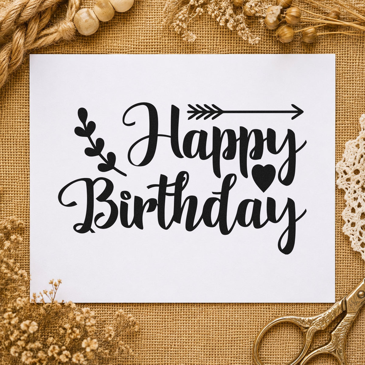 Birthday Arrow Leaf Hearts rubber stamp printed in black ink, ready for leafy arrow cards and similar paper crafts.