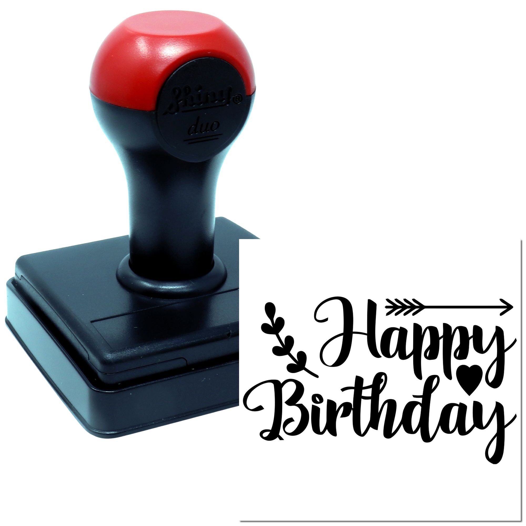 Self-inking rubber stamp with Happy Birthday design, featuring decorative arrow, leaves, and heart accents.