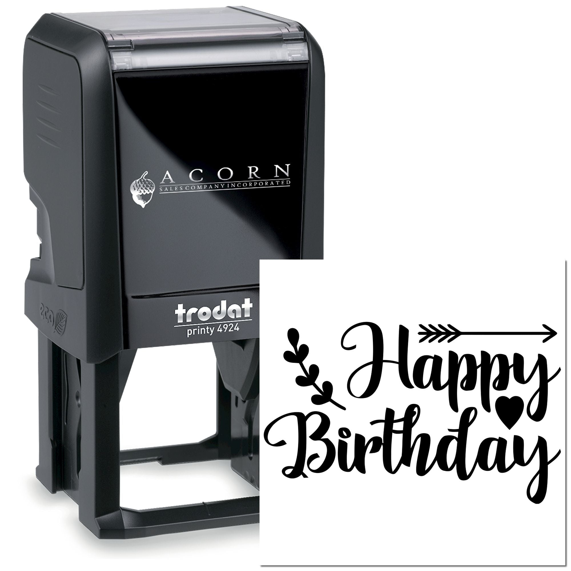 Happy Birthday self-inking rubber stamp for personalized cards, gifts, and party packaging.