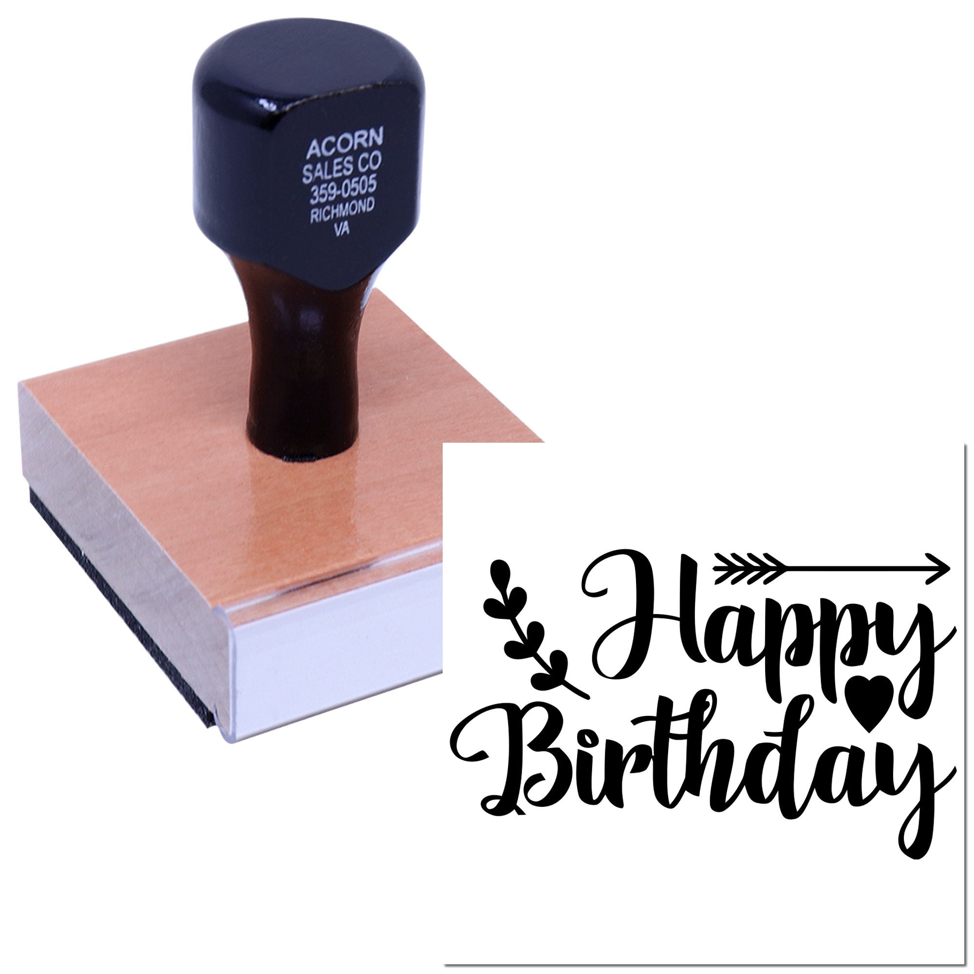 Custom Happy Birthday rubber stamp with decorative script design for cards, crafts, and gift packaging.
