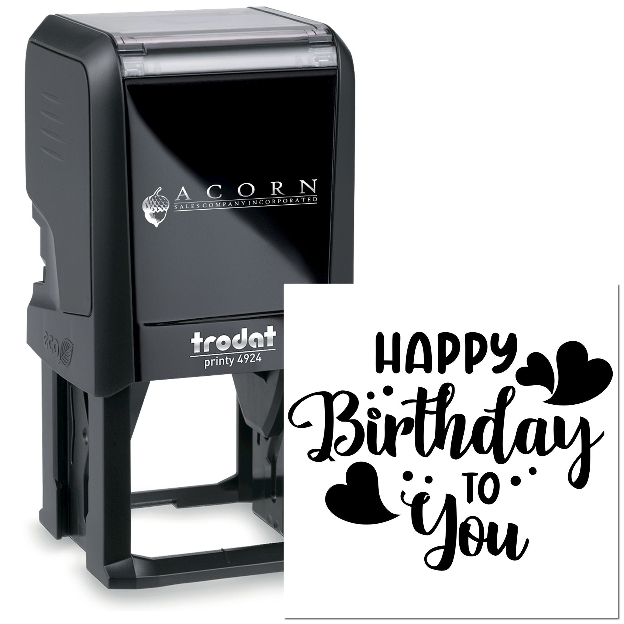Trodat self-inking custom rubber stamp with Happy Birthday to You design for personalized birthday cards and gift packaging.