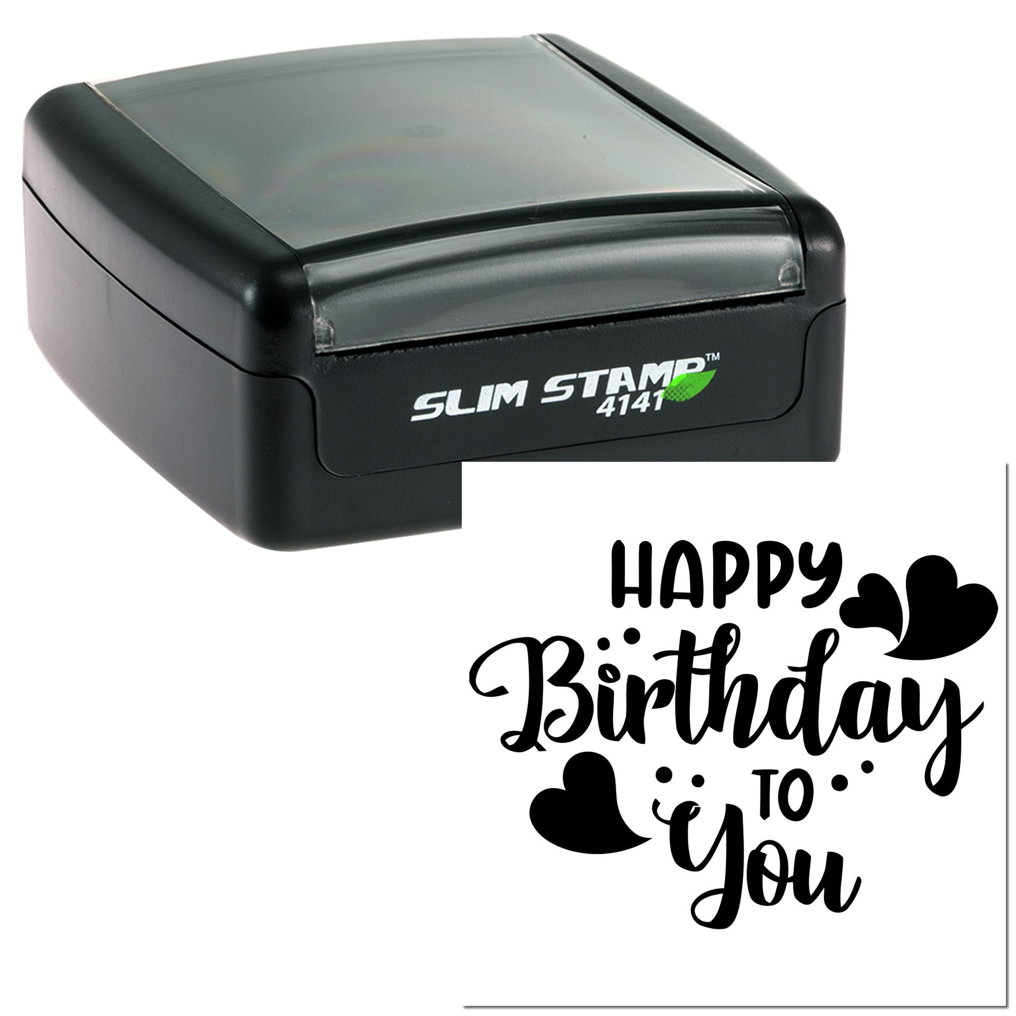 Slim self-inking rubber stamp showing Happy Birthday to You with hearts, ideal for birthday cards and invitations.